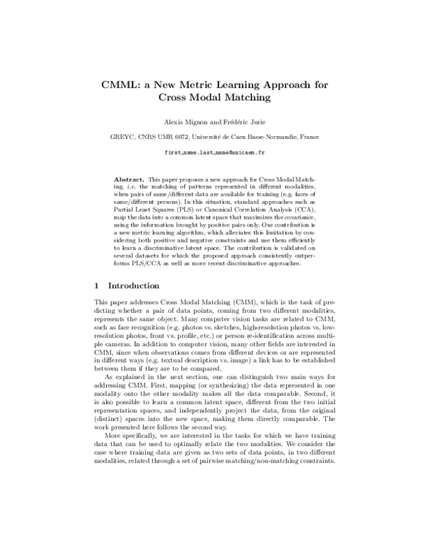 (PDF) CMML: a New Metric Learning Approach for Cross Modal Matching