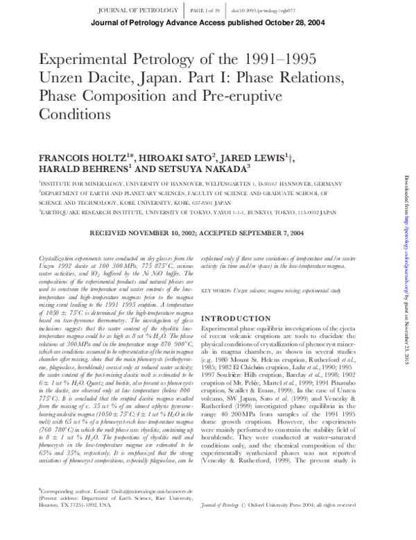 (PDF) Experimental Petrology of the 1991-1995 Unzen Dacite, Japan. Part ...