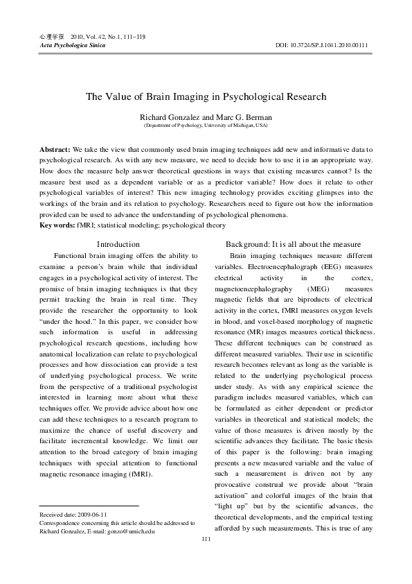 (PDF) The Value of Brain Imaging in Psychological Research