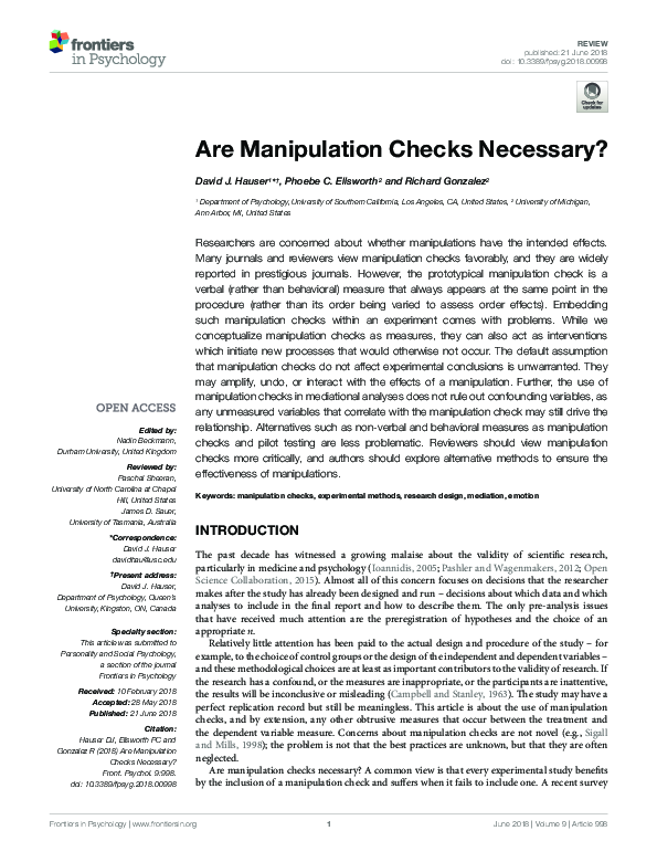 (PDF) Are Manipulation Checks Necessary? Richard Gonzalez Academia.edu