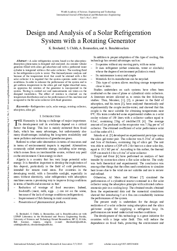 (PDF) Design and Analysis of a Solar Refrigeration System with a ...