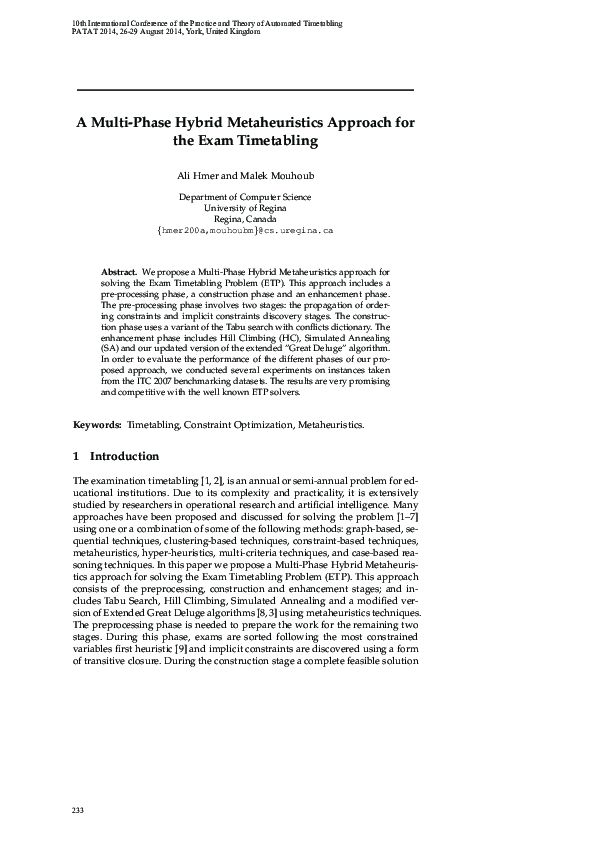 (PDF) A Multi-Phase Hybrid Metaheuristics Approach for the Exam Timetabling
