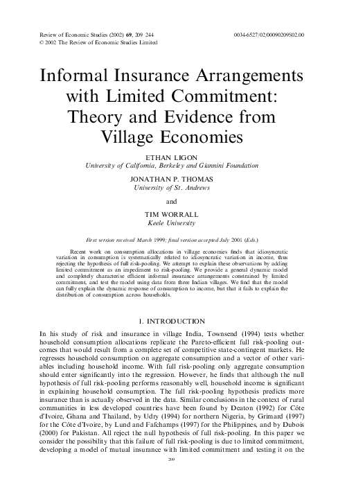 (PDF) Informal Insurance Arrangements in Village Economies.” Working Paper