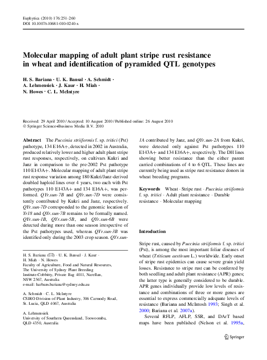 (PDF) Molecular mapping of adult plant stripe rust resistance in wheat ...