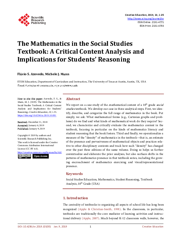 (PDF) The Mathematics in the Social Studies Textbook: A Critical ...
