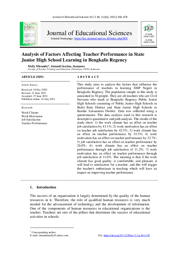 (PDF) Analysis of Factors Affecting Teacher Performance in State Junior ...