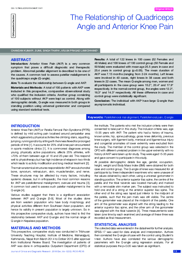 (PDF) The Relationship of Quadriceps Angle and Anterior Knee Pain