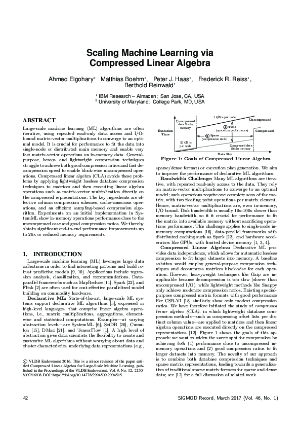 (PDF) Scaling Machine Learning via Compressed Linear Algebra