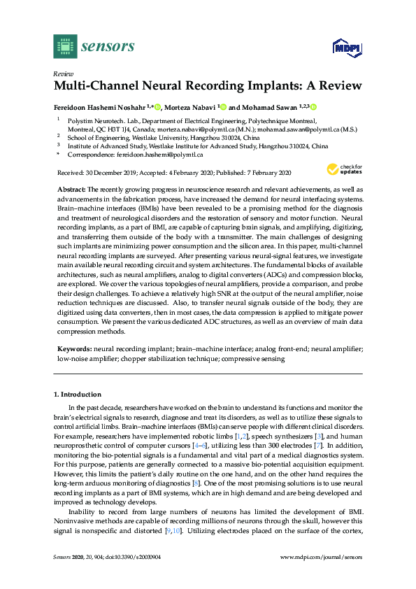 (PDF) MultiChannel Neural Recording Implants A Review Mohamad Sawan