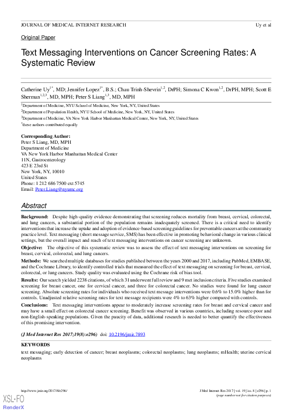 (PDF) Text Messaging Interventions on Cancer Screening Rates: A ...