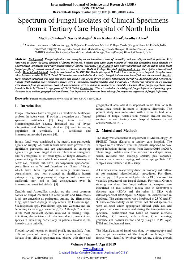 (PDF) Spectrum of Fungal Isolates of Clinical Specimens from a Tertiary ...