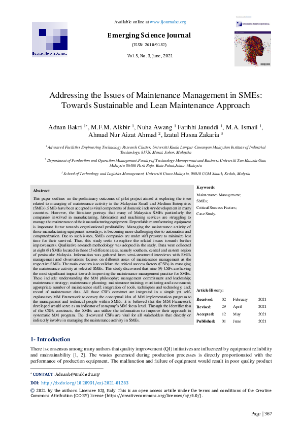 (PDF) Addressing the Issues of Maintenance Management in SMEs: Towards ...