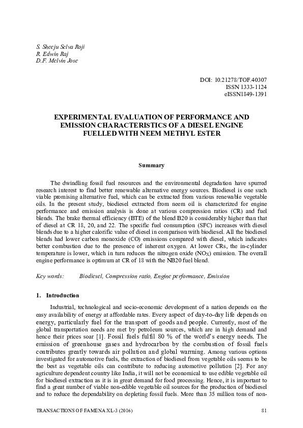 (PDF) Experimental Evaluation of Performance and Emission ...