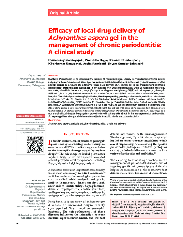 (PDF) Efficacy of local drug delivery of Achyranthes aspera gel in the ...