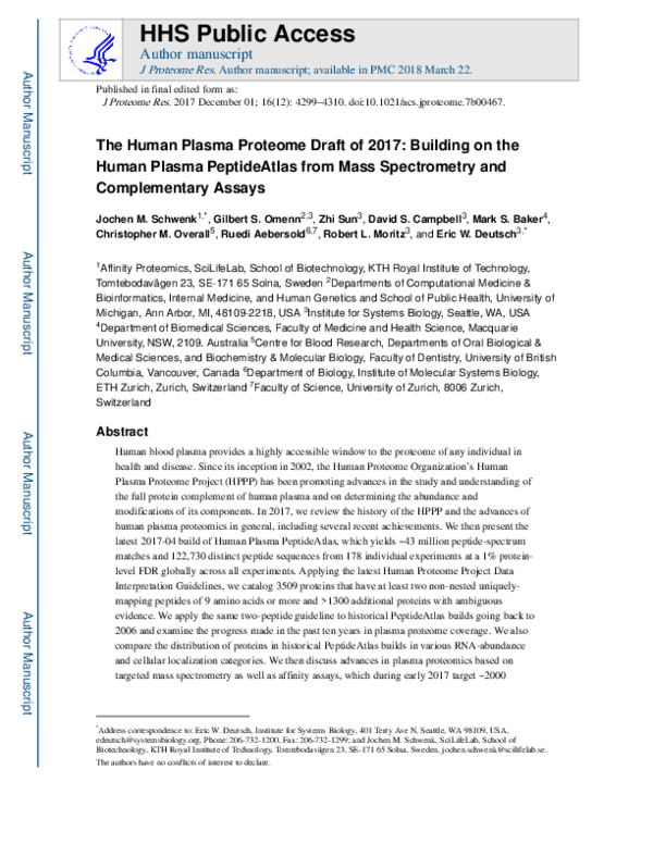 (PDF) The Human Plasma Proteome Draft of 2017: Building on the Human ...