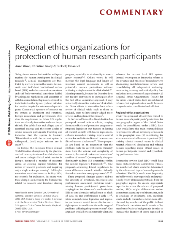 (PDF) Regional ethics organizations for protection of human research ...