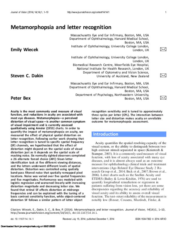 (PDF) Metamorphopsia and letter recognition