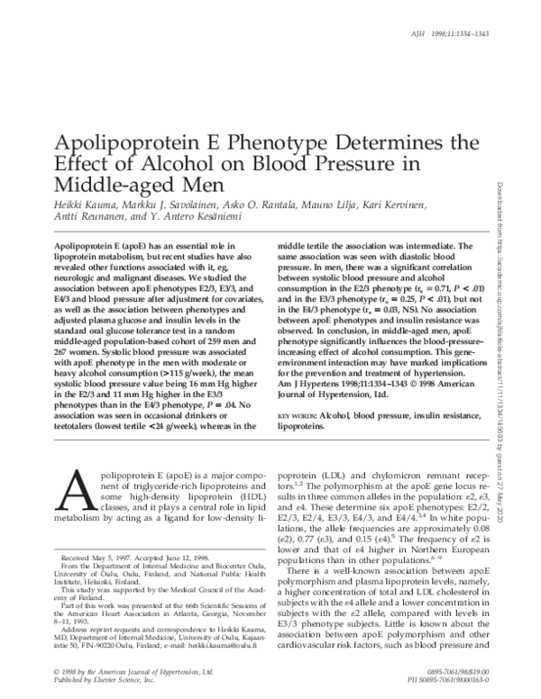 (PDF) Apolipoprotein E phenotype determines the effect of alcohol on ...