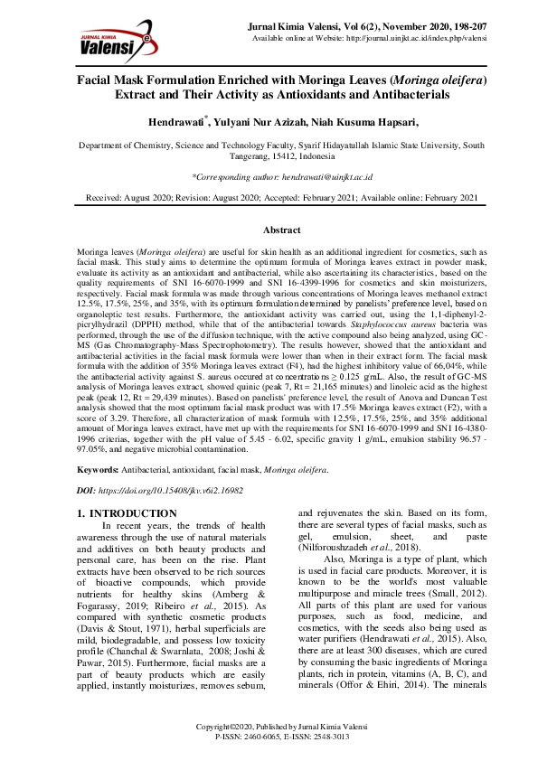 (PDF) Facial Mask Formulation Enriched with Moringa Leaves (Moringa oleifera) Extract and Their