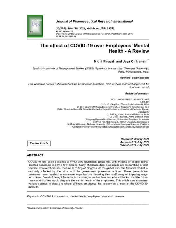 (PDF) The effect of COVID-19 over Employees’ Mental Health - A Review