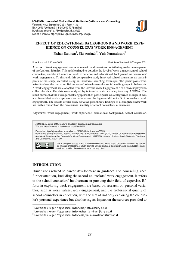 (PDF) Effect of Educational Background and Work Experience on Counselor ...