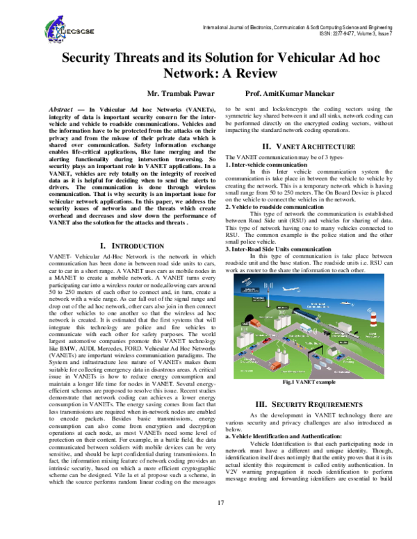 (PDF) Security Threats and its Solution for Vehicular Ad hoc Network ...