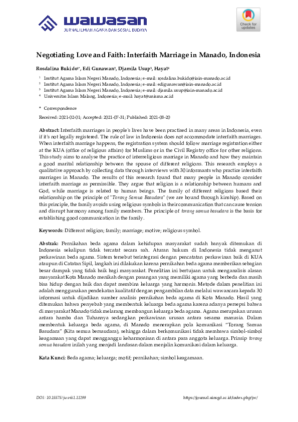 (PDF) Negotiating Love and Faith: Interfaith Marriage in Manado, Indonesia