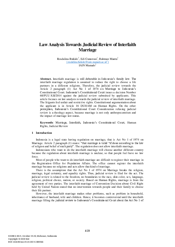 (PDF) Law Analysis Towards Judicial Review of Interfaith Marriage