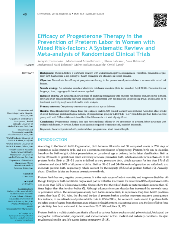 (PDF) Efficacy of Progesterone Therapy in the Prevention of Preterm ...