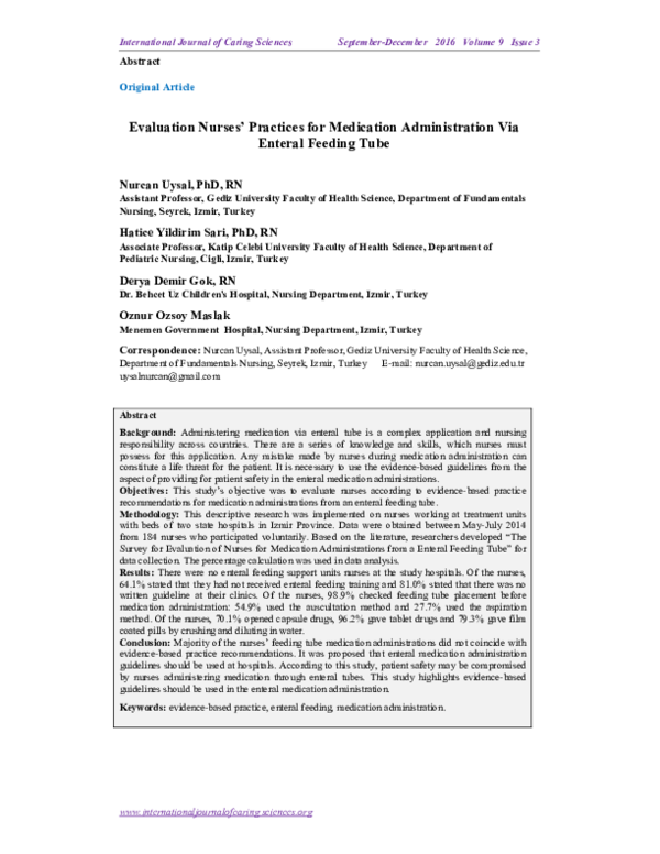 (PDF) Evaluation Nurses' Practices for Medication Administration Via Enteral Feeding Tube