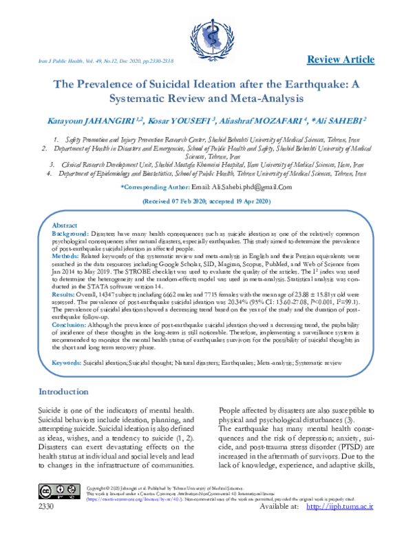 (PDF) The Prevalence of Suicidal Ideation after the Earthquake: A ...