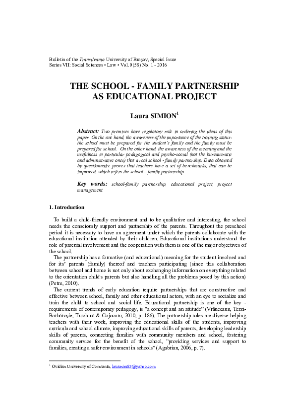 (PDF) The School - Family Partnership as Educational Project