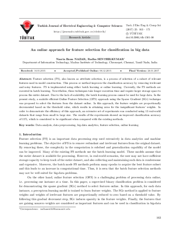 (PDF) An online approach for feature selection for classification in ...