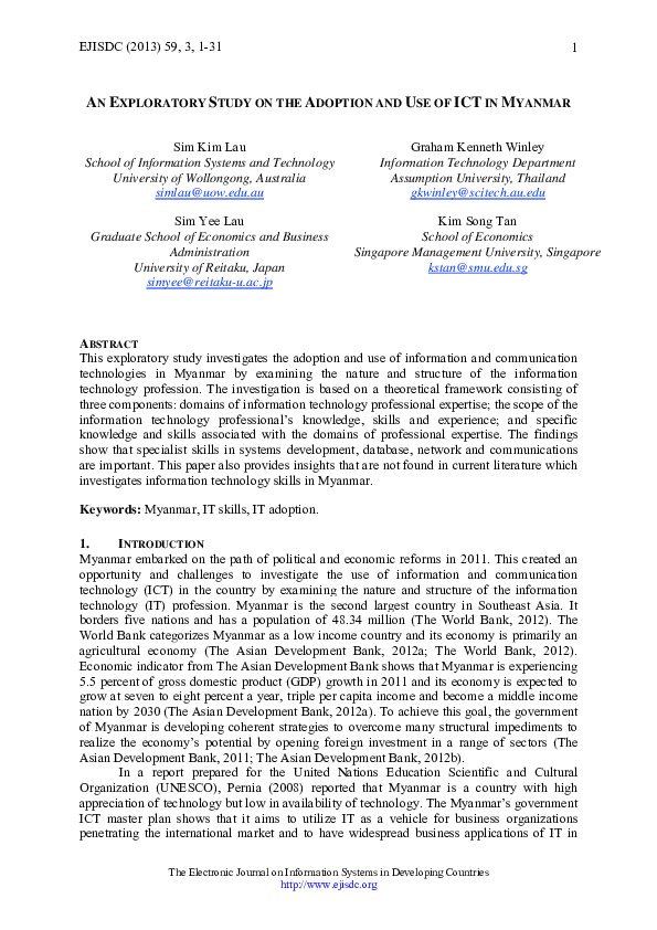 (PDF) An Exploratory Study on the Adoption and Use of ICT in Myanmar
