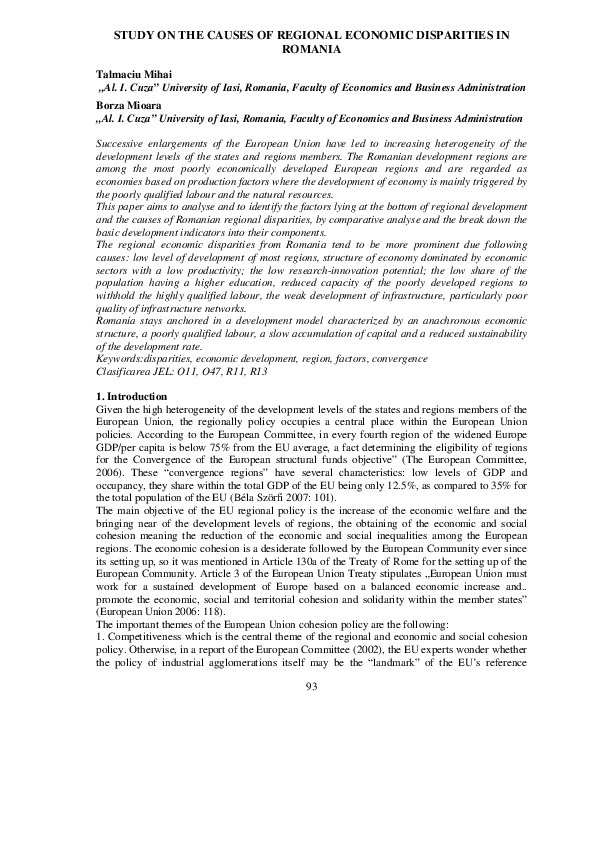 (PDF) Study on the Causes of Regional Economic Disparities in Romania