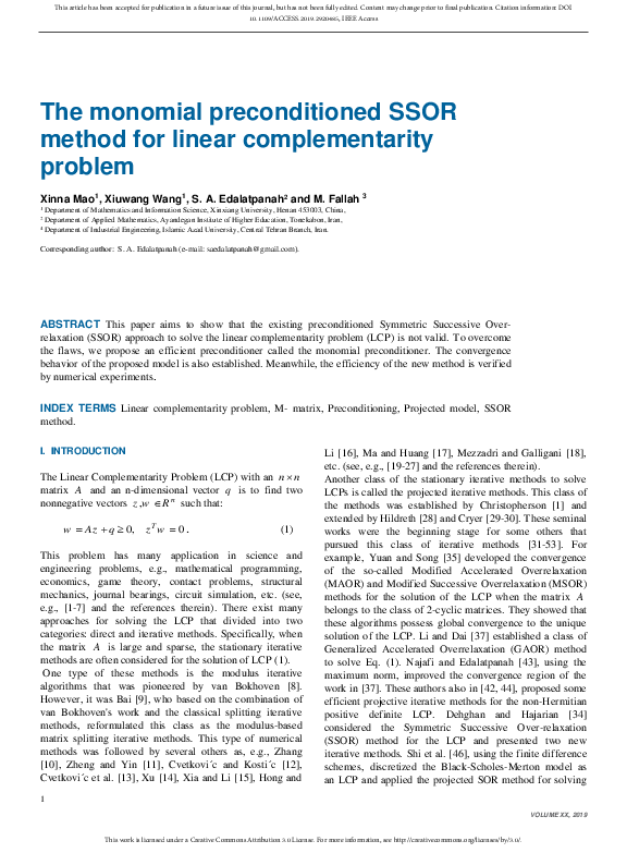 (PDF) The monomial preconditioned SSOR method for linear ...