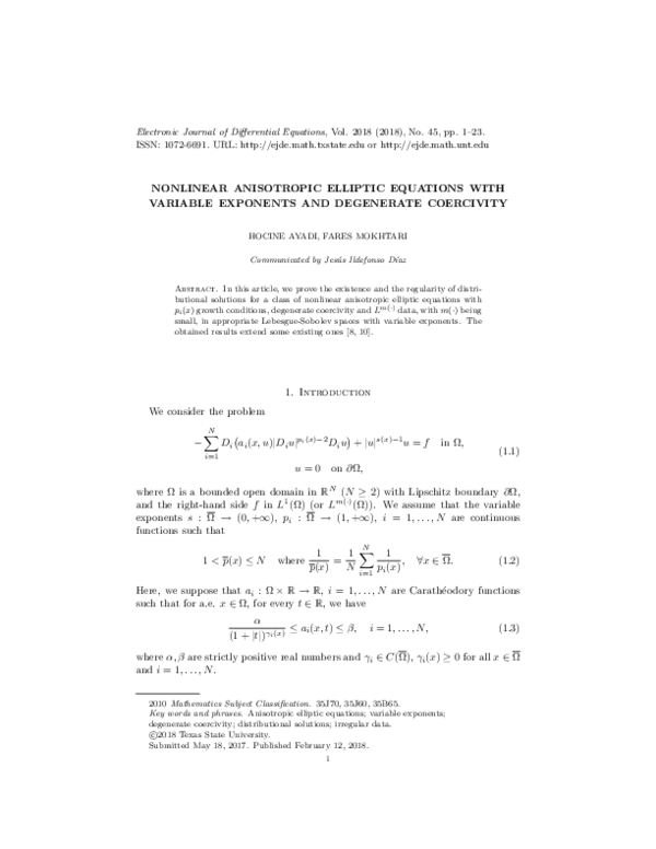 (PDF) Entropy solutions for nonlinear anisotropic elliptic equations ...