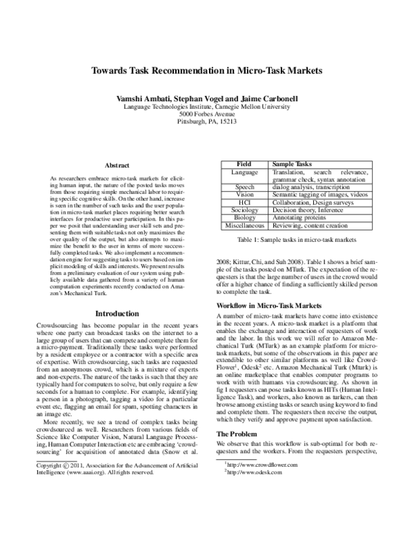 (PDF) Towards Task Recommendation in Micro-Task Markets