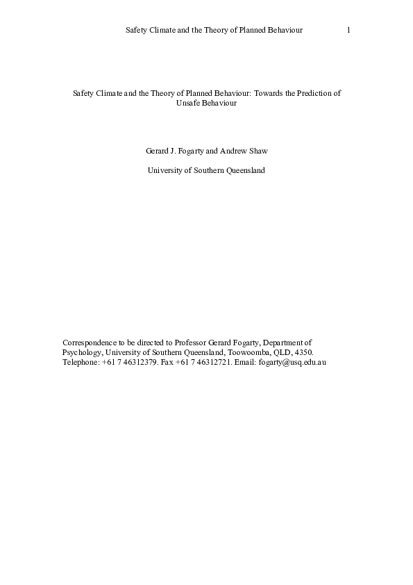 (PDF) Safety climate and the theory of planned behaviour: Towards the ...