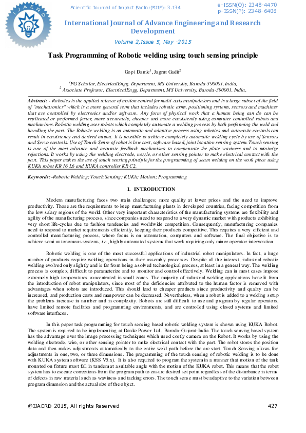 (PDF) Task Programming of Robotic Welding Using Touch Sensing Principle