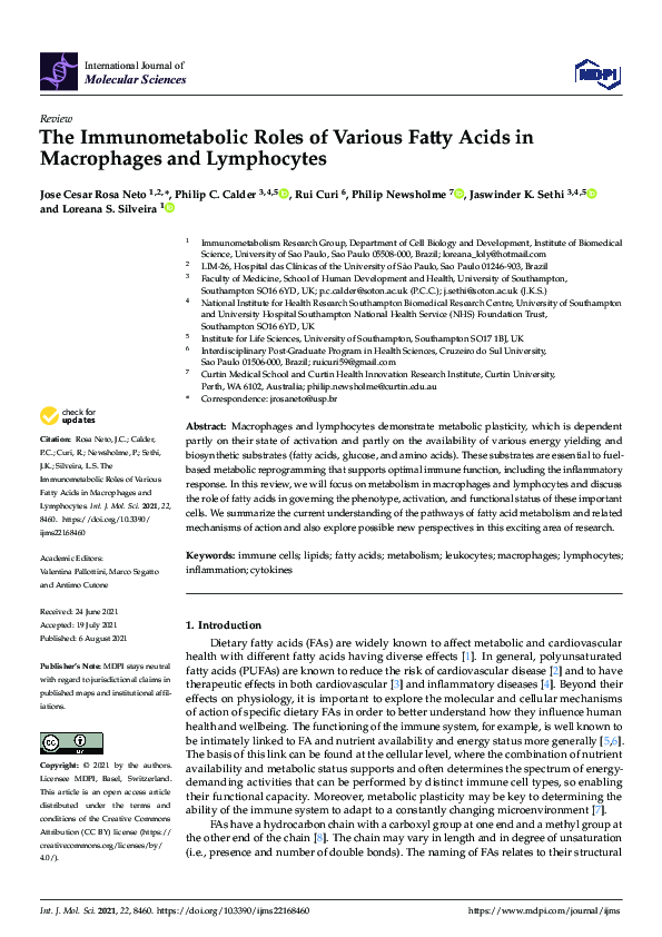 (PDF) The Immunometabolic Roles of Various Fatty Acids in Macrophages ...