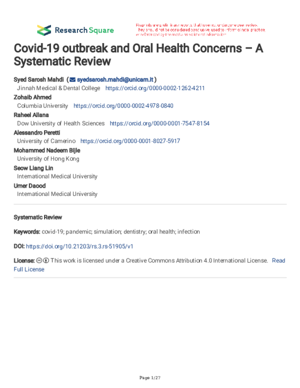 (PDF) Covid-19 outbreak and Oral Health Concerns – A Systematic Review