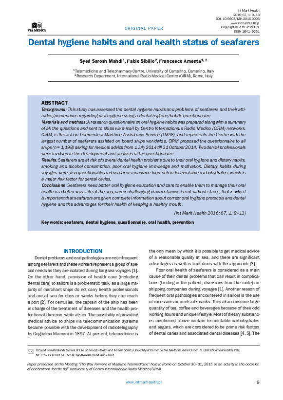 (PDF) Dental hygiene habits and oral health status of seafarers