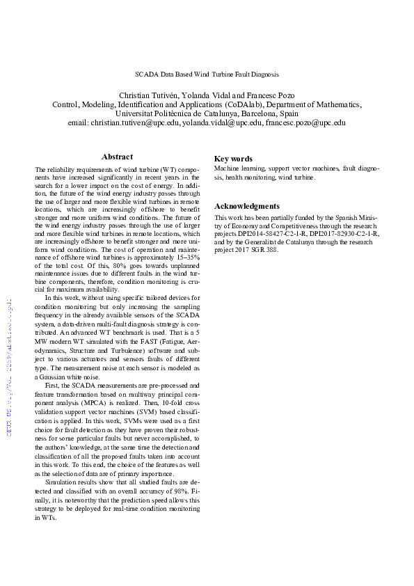 (PDF) SCADA Data Based Wind Turbine Fault Diagnosis