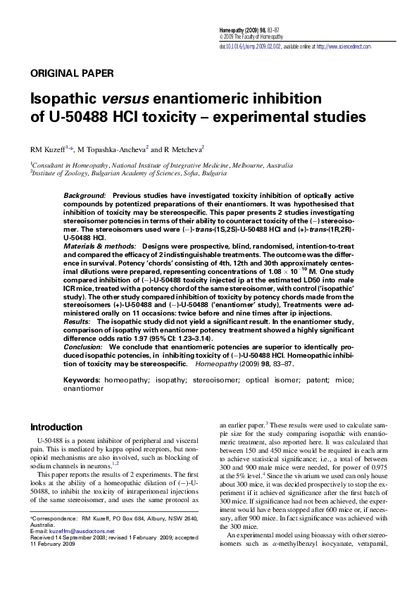 (PDF) Isopathic versus enantiomeric inhibition of U-50488 HCl toxicity ...