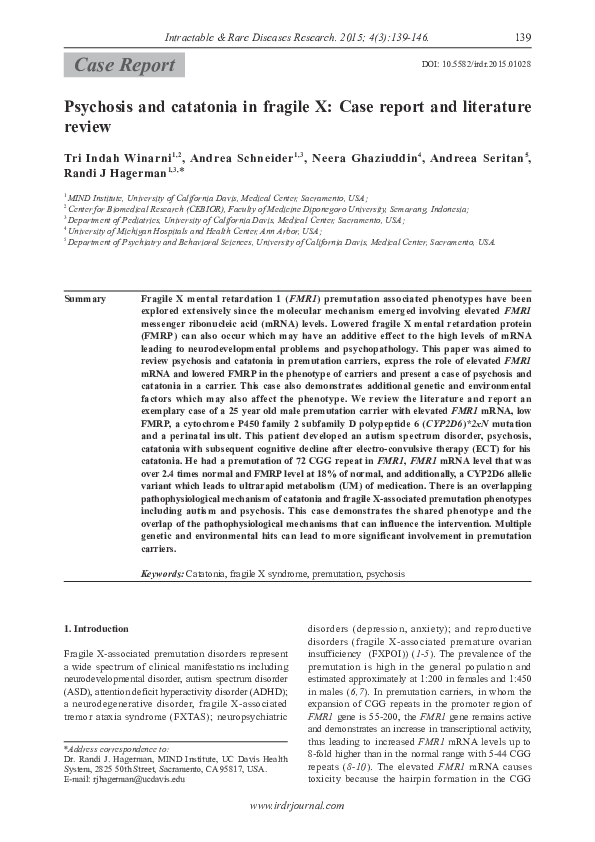 (PDF) Psychosis and catatonia in fragile X Case report and literature