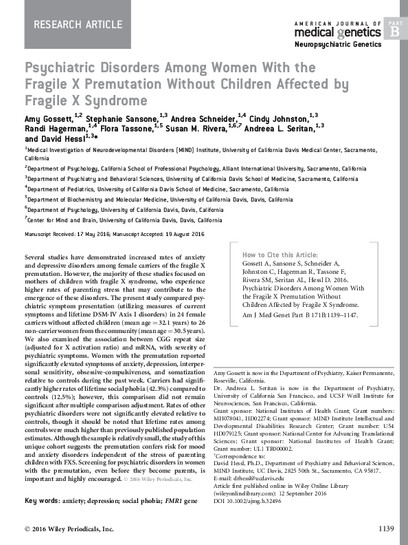 (PDF) Psychiatric disorders among women with the fragile X premutation ...