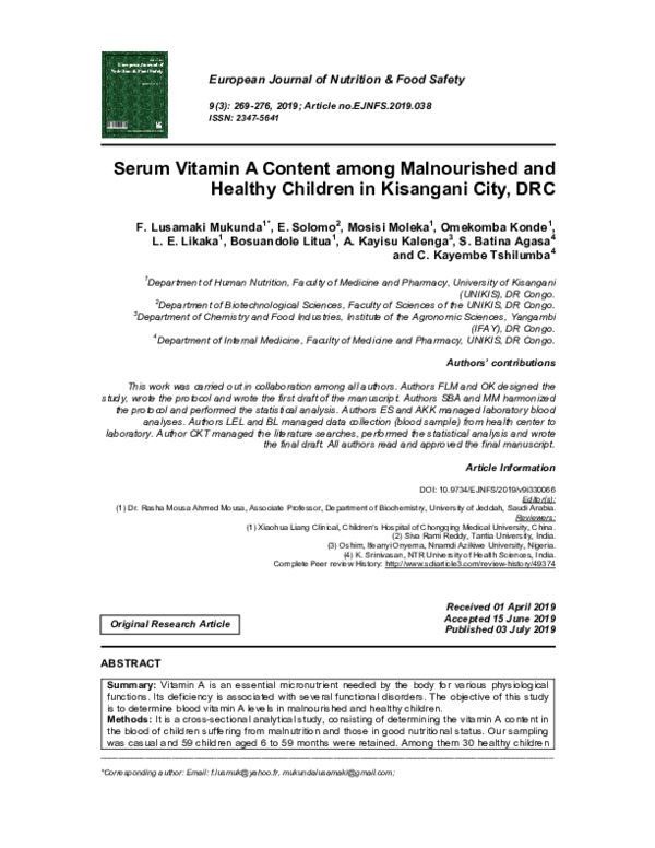 (PDF) Serum Vitamin A Content among Malnourished and Healthy Children ...