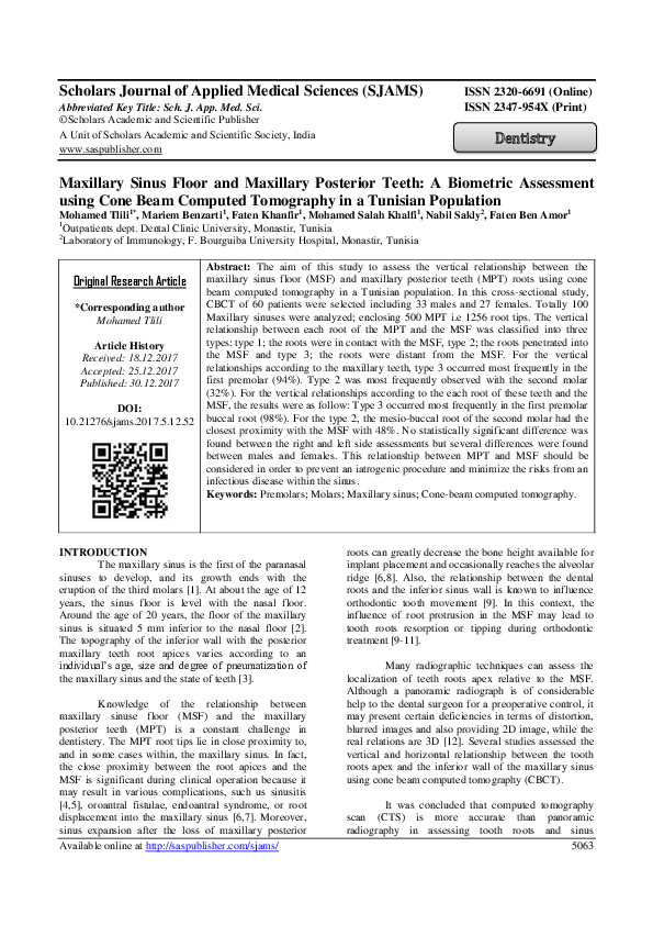 (PDF) Maxillary Sinus Floor and Maxillary Posterior Teeth : A Biometric ...
