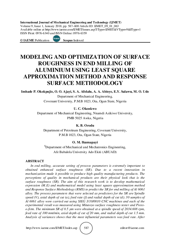 (PDF) Modeling and Optimization of Surface Roughness in End Milling of ...